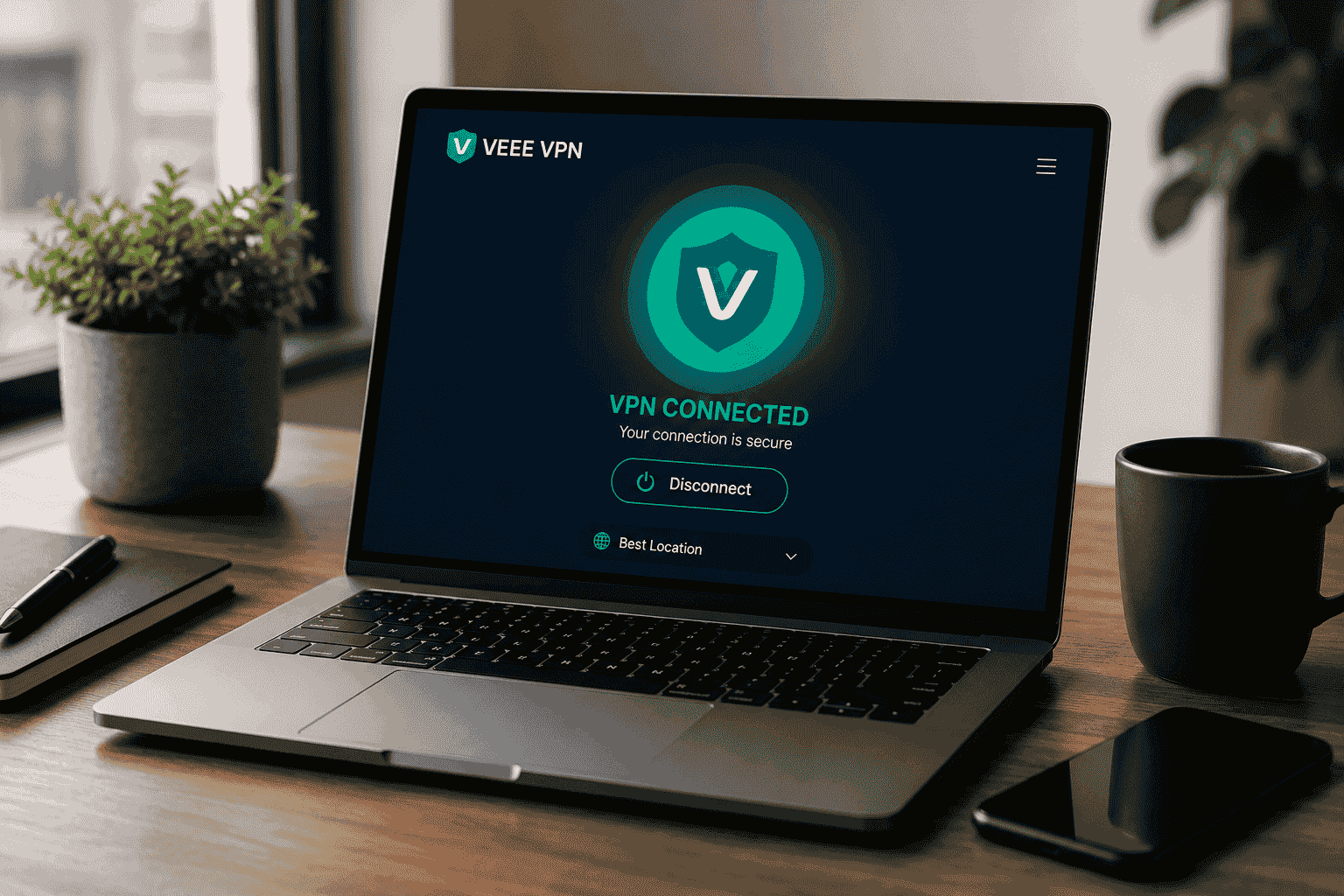 VEEE VPN review showing VPN software running on a laptop