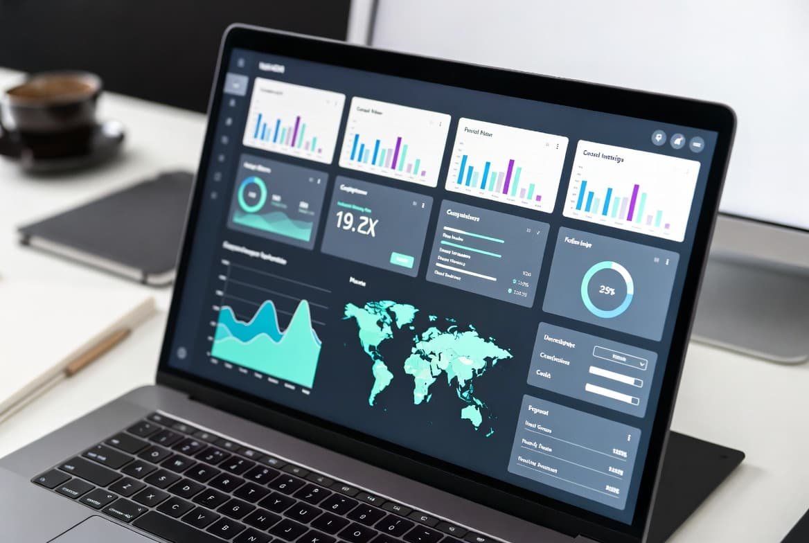 Business intelligence dashboard showing KPIs, sales analytics, and data visualizations