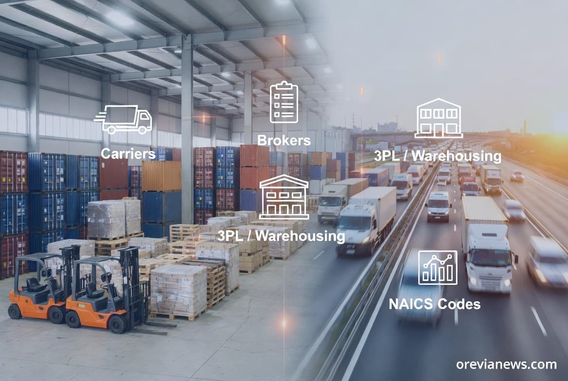 Logistics business category classification showing freight carriers, warehouses, brokers, 3PL providers, and NAICS industry categories.