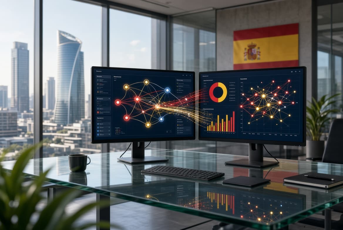 Modern office with dual monitors showing connected CRM, billing and analytics data flows, Spanish flag in the background, Madrid skyline visible through large windows