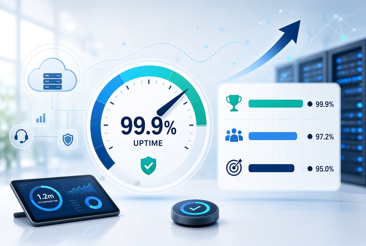 Service level benchmarking dashboard showing 99.9% uptime gauge compared against industry benchmarks and peer performance metrics