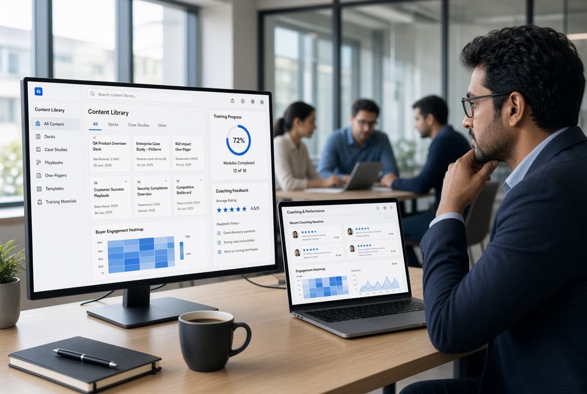 Sales professional reviewing a modern sales enablement platform dashboard showing content library, training progress, and buyer engagement analytics
